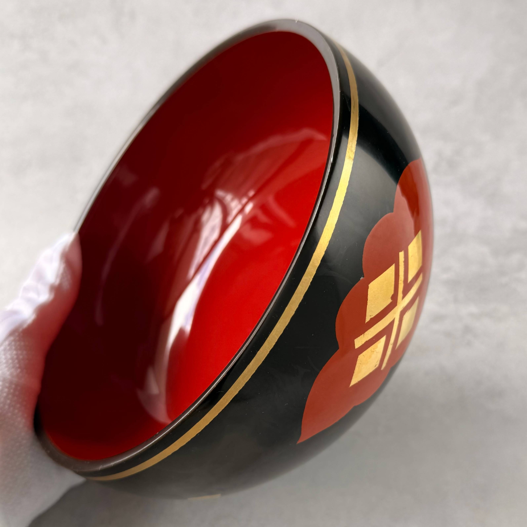 1980s Japanese Lacquerware Sweets Bowl, Black and Red Urushi Candy Bowl with Gold Floral Motif