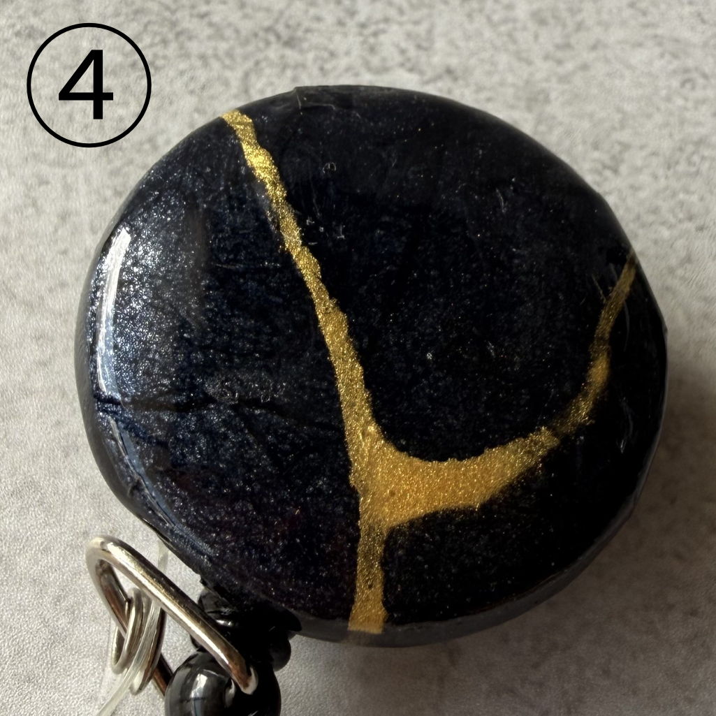 Kintsugi Style Retractable Badge Reel, Hand-painted Gold on Black Washi Paper, Japanese Zen Art ID Holder, 38mm Fabric Button, Unique Gift for Nurse