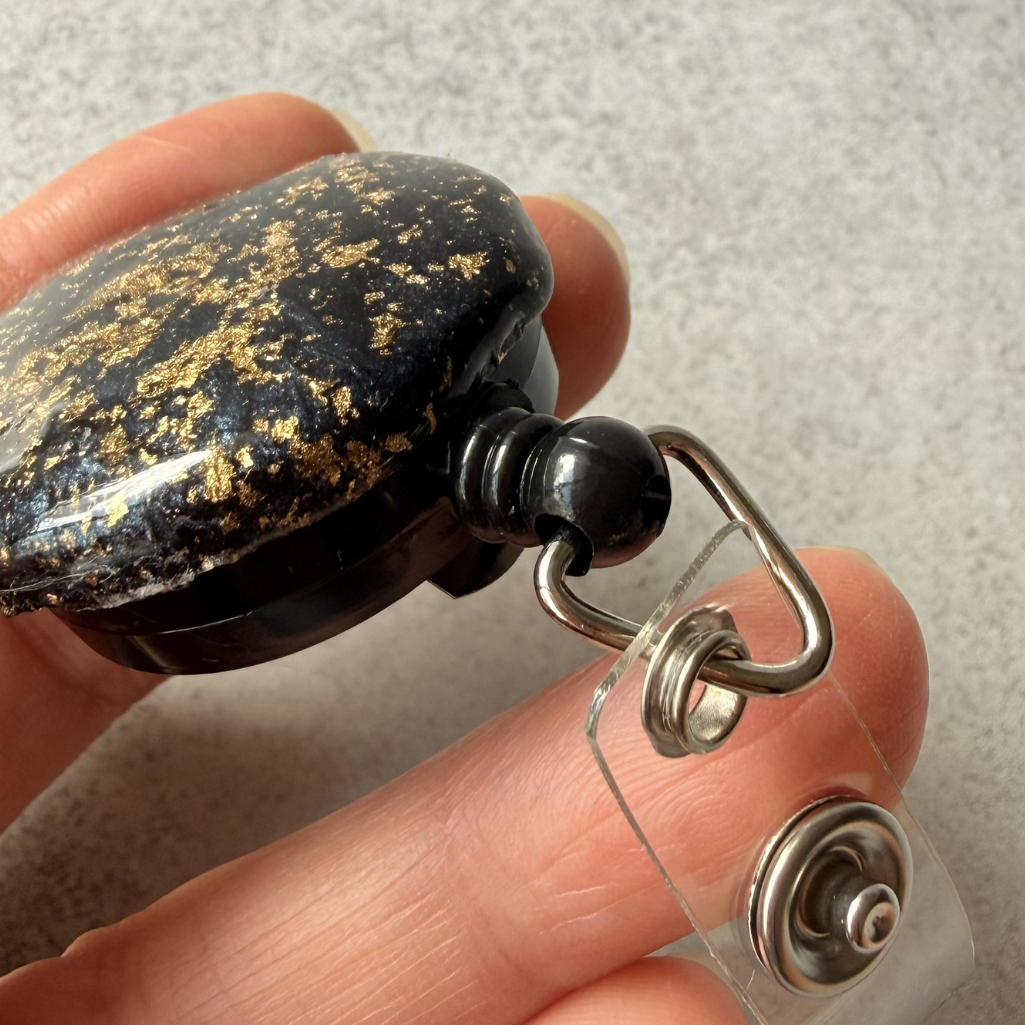 Gold Leaf Japanese Washi Badge Reel, Galaxy Black Retractable ID Holder, Luxury Nurse Badge Reel, Handmade Office Accessory, Unique Teacher Gift