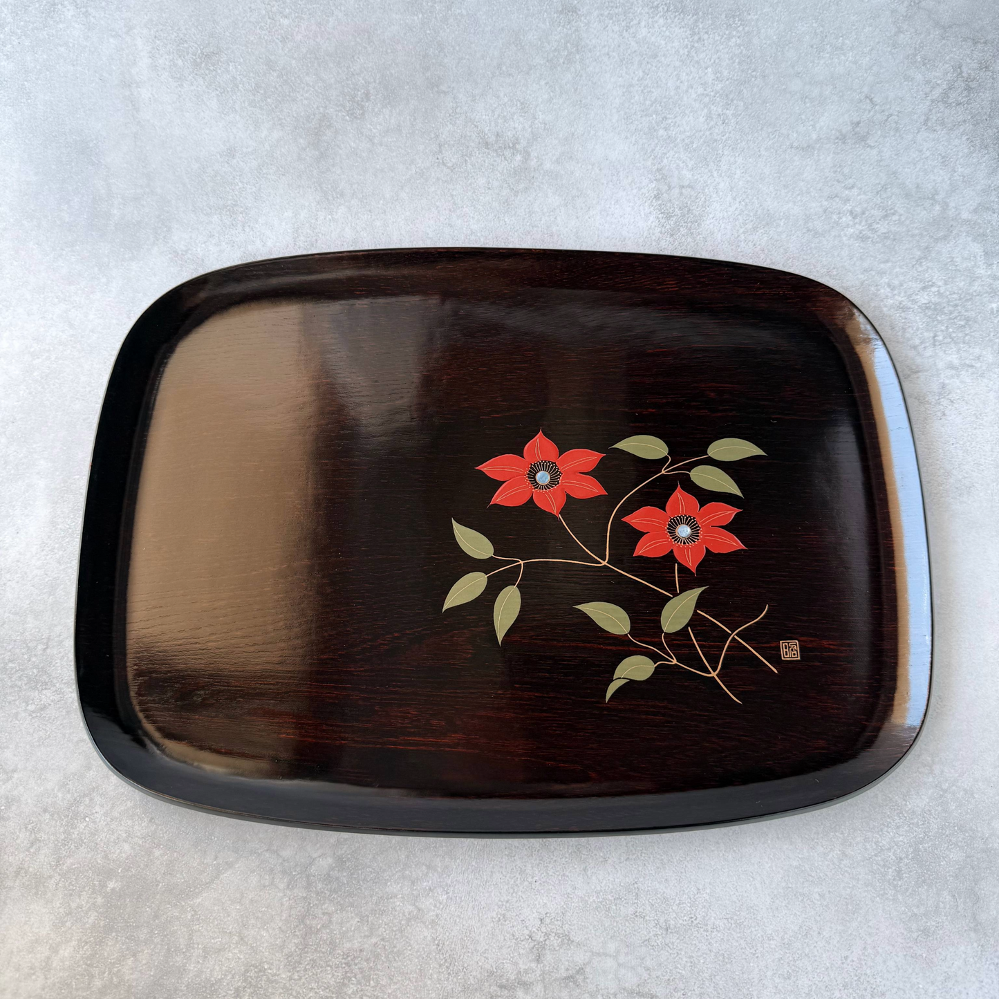 ヴィンテージ 1970年代 辻庄治作 漆器盆 | 香川漆器 | 欅材 蒔絵と螺鈿 | クレマチスの花文様 | 茶道