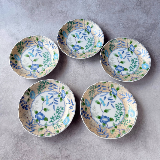 【Kozan Kiln】美濃焼 小皿揃 5枚組 朝顔 金彩 13.5cm 日本製