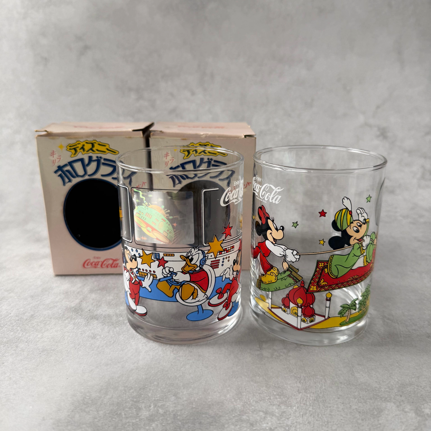 [ヴィンテージ｜日本限定販売] 1980年代 ディズニーインスパイア ホログラムグラス (オリジナルボックス付き2個セット)