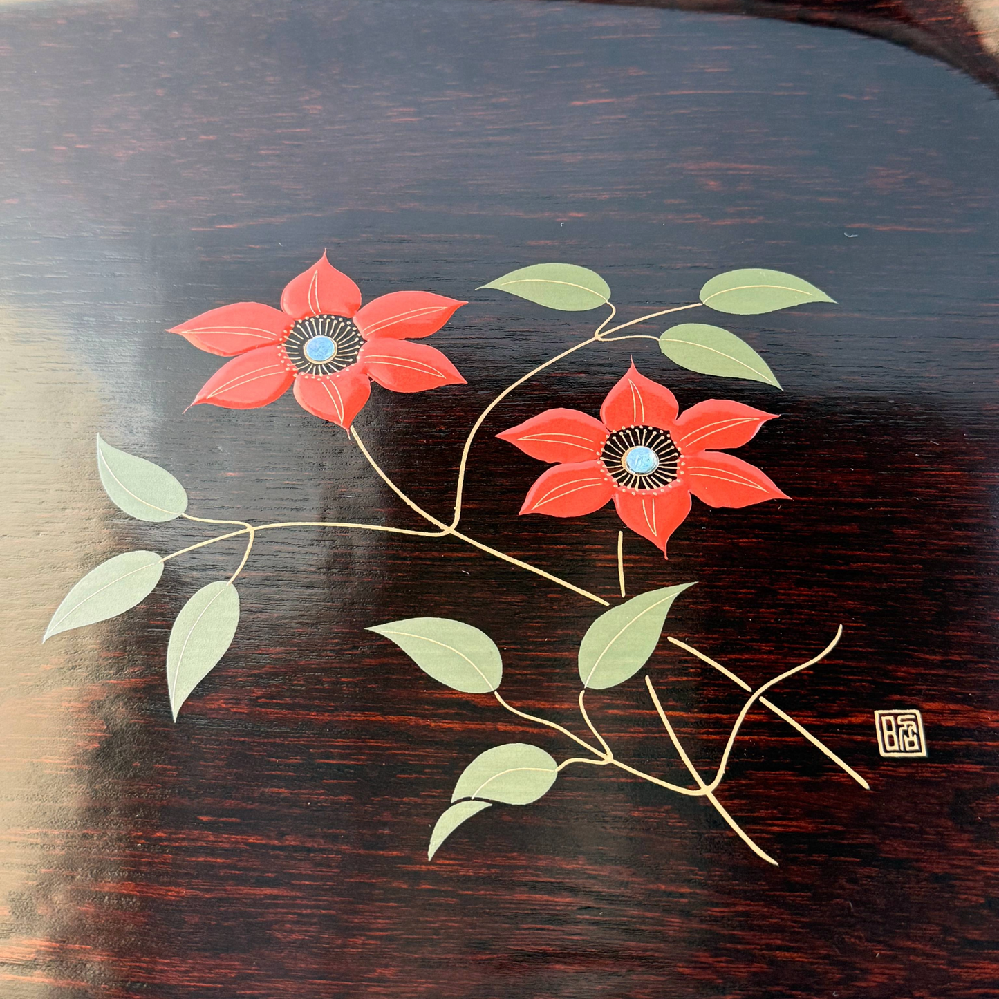 ヴィンテージ 1970年代 辻庄治作 漆器盆 | 香川漆器 | 欅材 蒔絵と螺鈿 | クレマチスの花文様 | 茶道