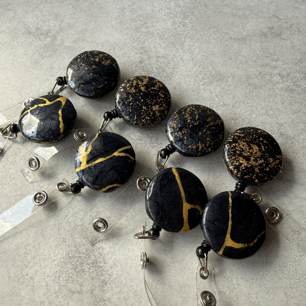 Kintsugi Style Retractable Badge Reel, Hand-painted Gold on Black Washi Paper, Japanese Zen Art ID Holder, 38mm Fabric Button, Unique Gift for Nurse