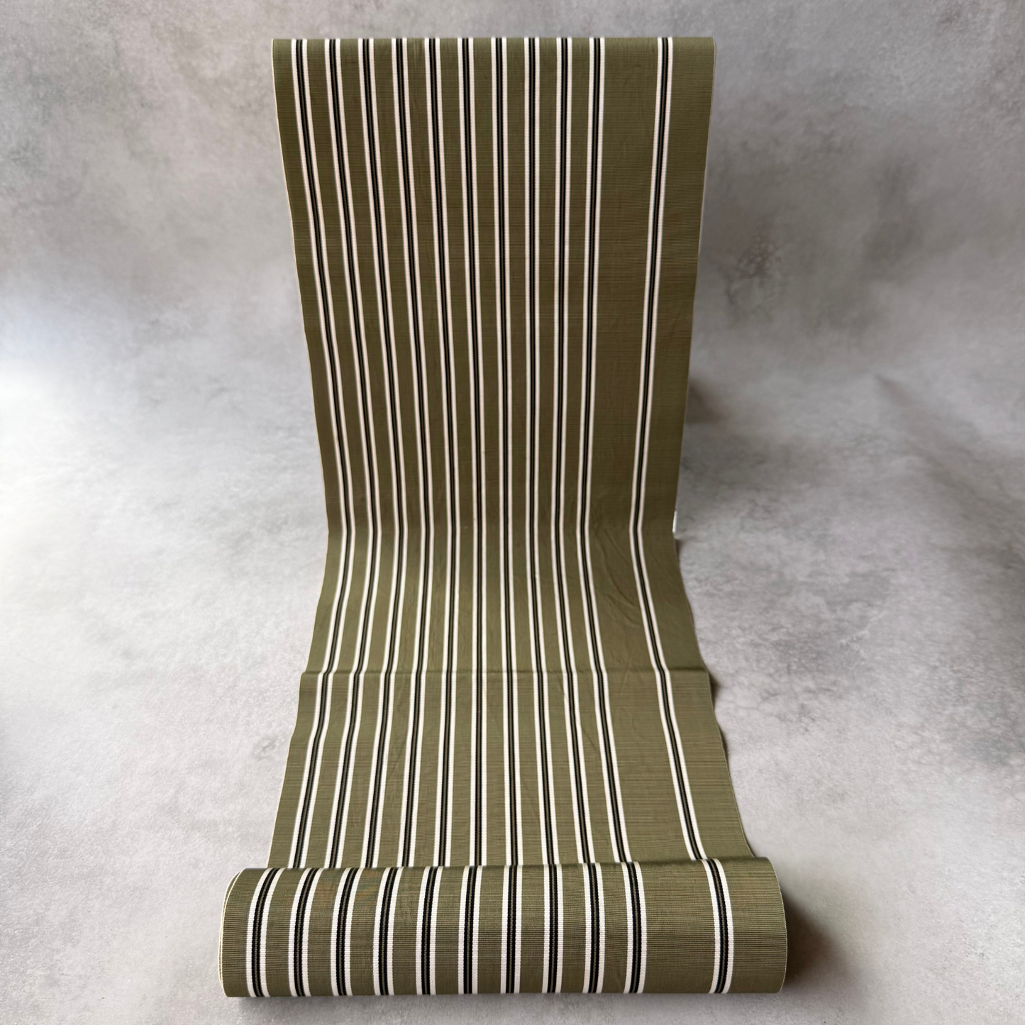 Pre-owned Japanese olive green striped obi fabric bolt shown unrolled