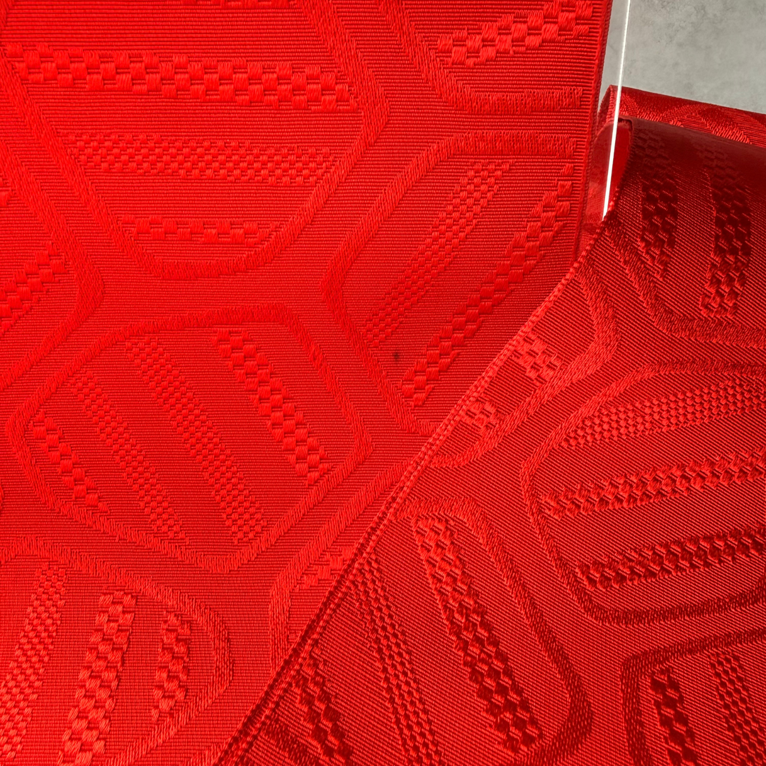 Pre-owned Japanese red obi fabric bolt with kikko-inspired geometric weave