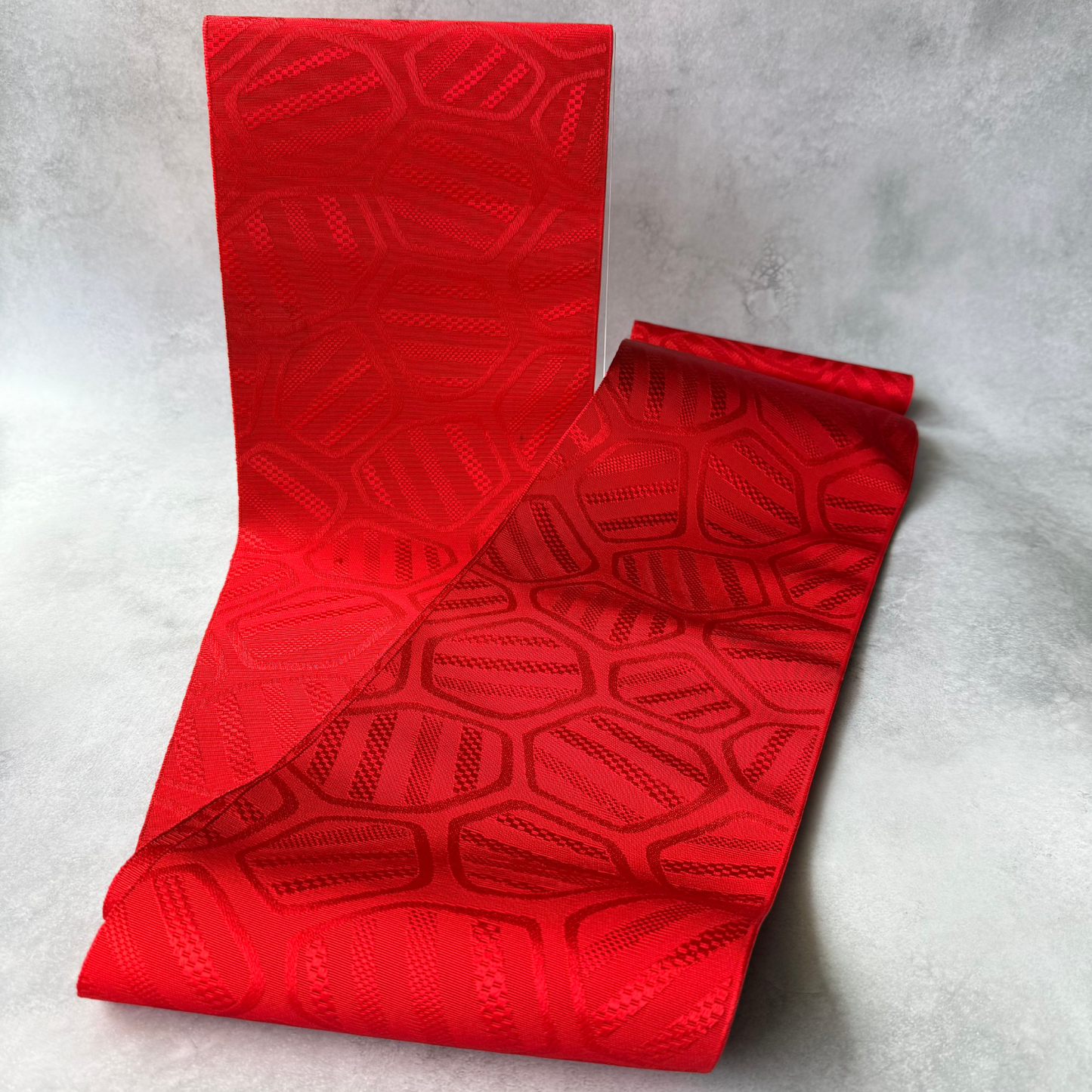 Pre-owned Japanese red obi fabric bolt with kikko-inspired geometric weave