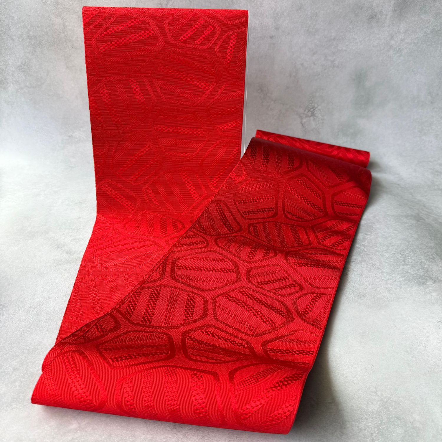 Pre-owned Japanese red obi fabric bolt with kikko-inspired geometric weave