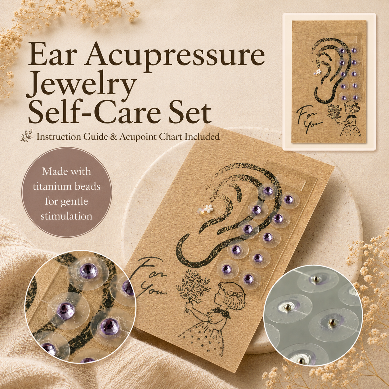 Simple Design Ear Acupressure Jewelry Self-Care Set, 10 Pieces with Basic Steps & Target Points Guide