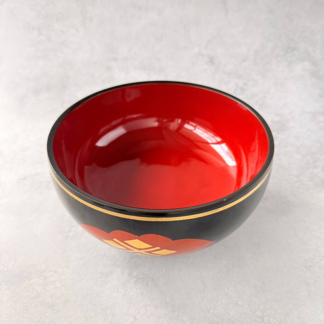 1980s Japanese Lacquerware Sweets Bowl, Black and Red Urushi Candy Bowl with Gold Floral Motif