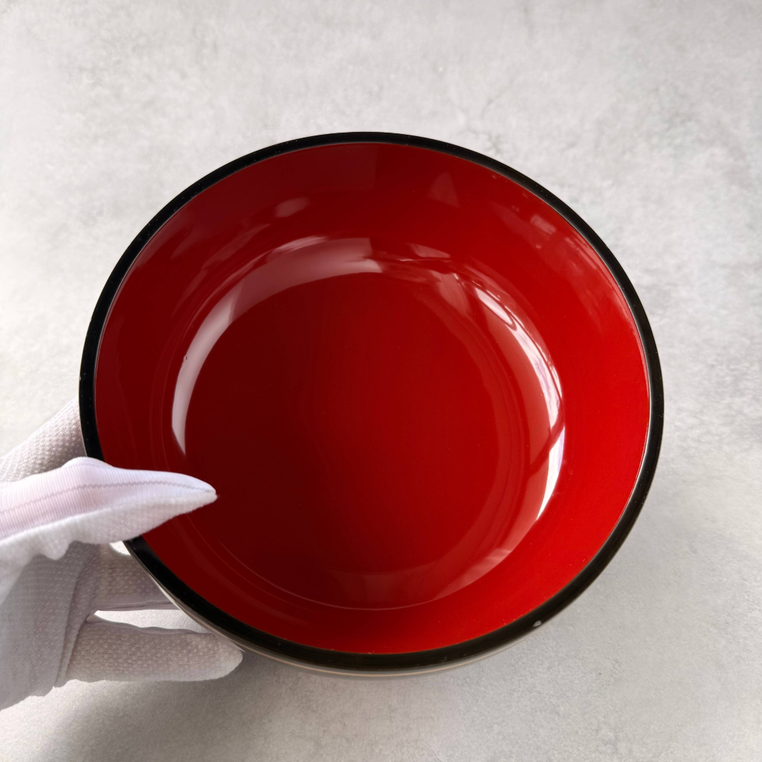 1980s Japanese Lacquerware Sweets Bowl, Black and Red Urushi Candy Bowl with Gold Floral Motif