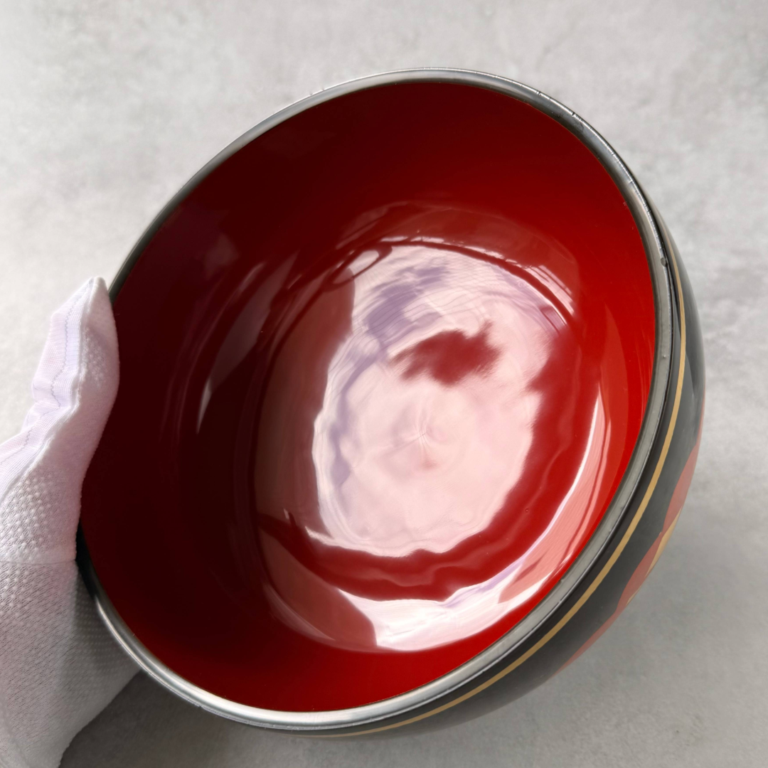 1980s Japanese Lacquerware Sweets Bowl, Black and Red Urushi Candy Bowl with Gold Floral Motif